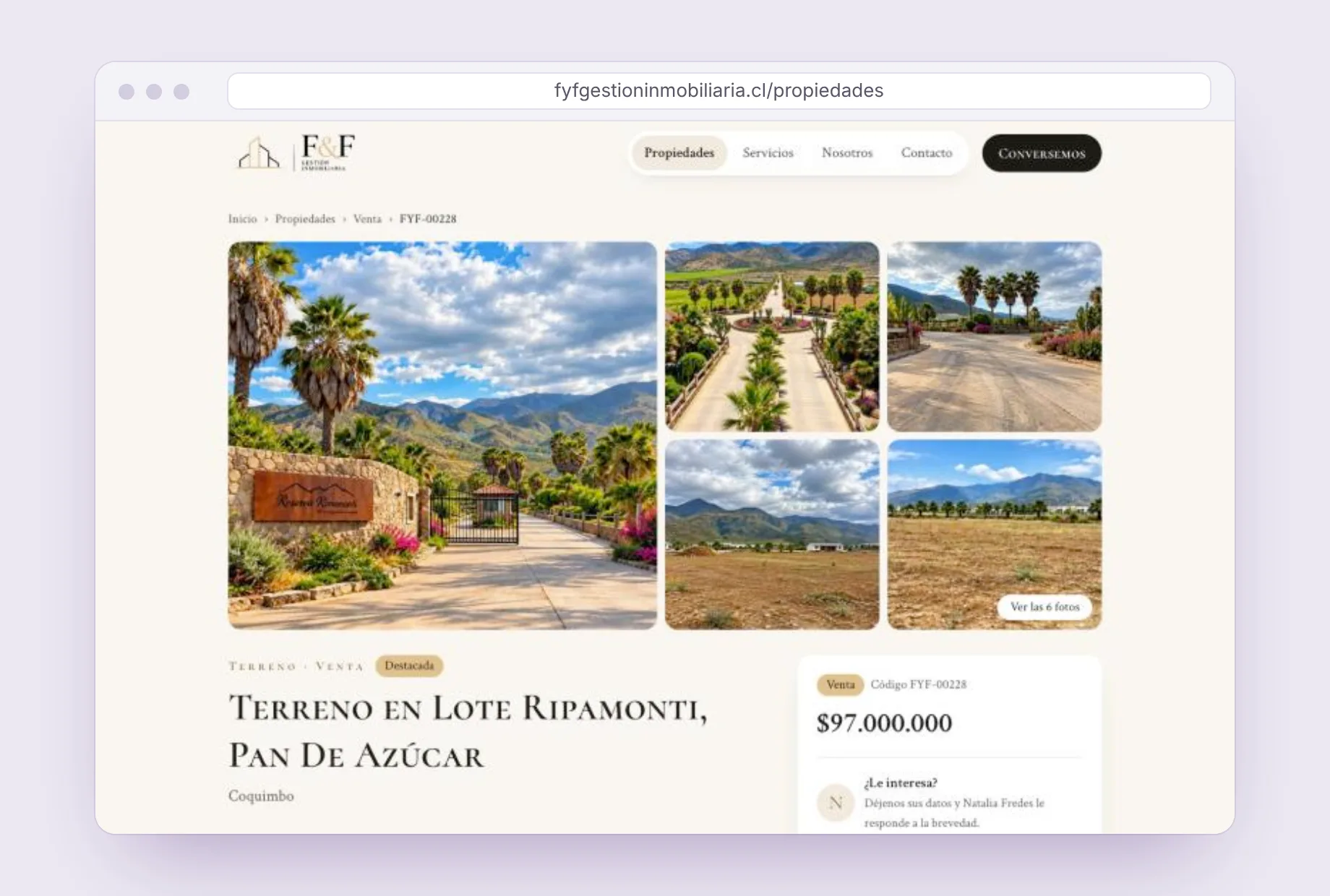 La misma propiedad publicada en el sitio, con su galería, código y formulario de contacto.