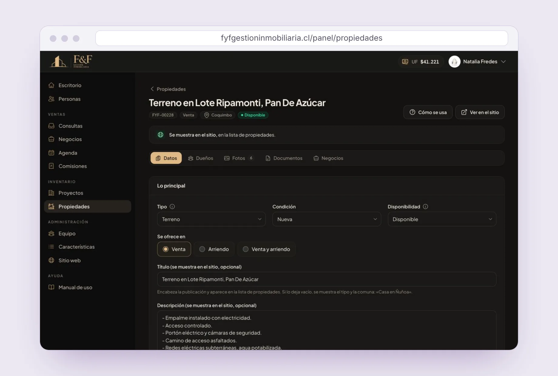 La ficha de una propiedad: tipo, condición, disponibilidad y lo que se muestra en el sitio.
